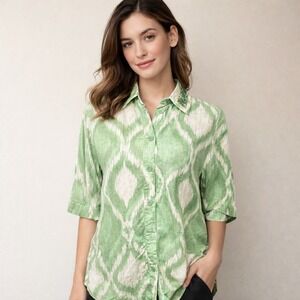 ZARA Green Cream Ikat Oversized Beaded Collar Linen Blend Boho Coastal Shirt XS